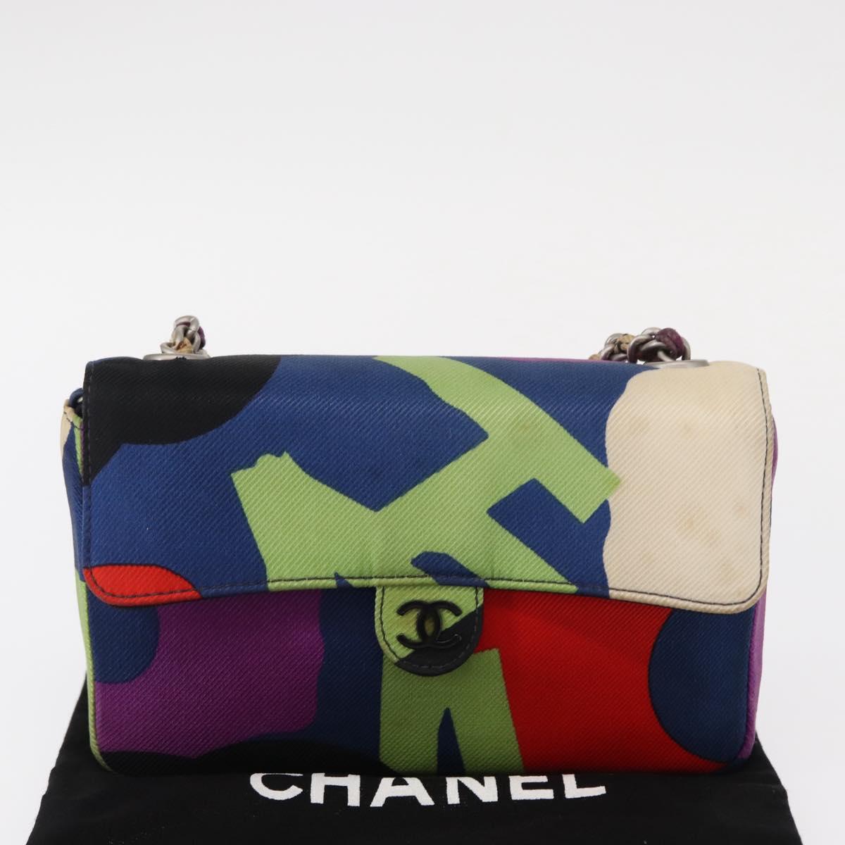 CHANEL Chain Shoulder Bag Canvas Multicolor Silver CC Auth 145585V