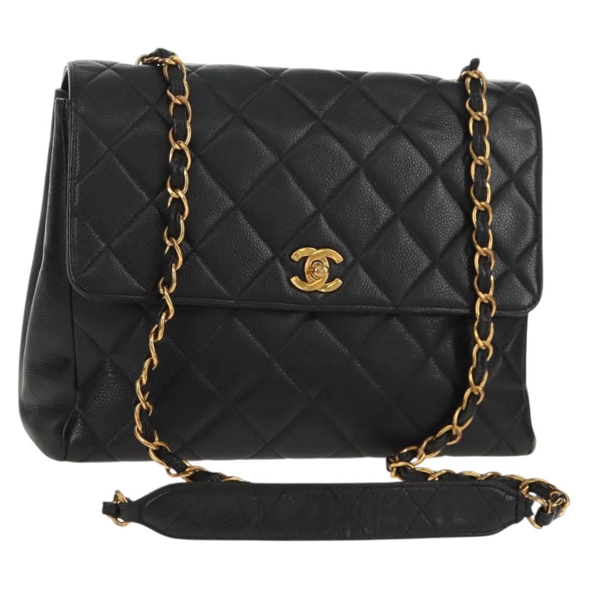 CHANEL Matelasse Chain Shoulder Bag Caviar Skin Black Gold CC Auth 145587AV