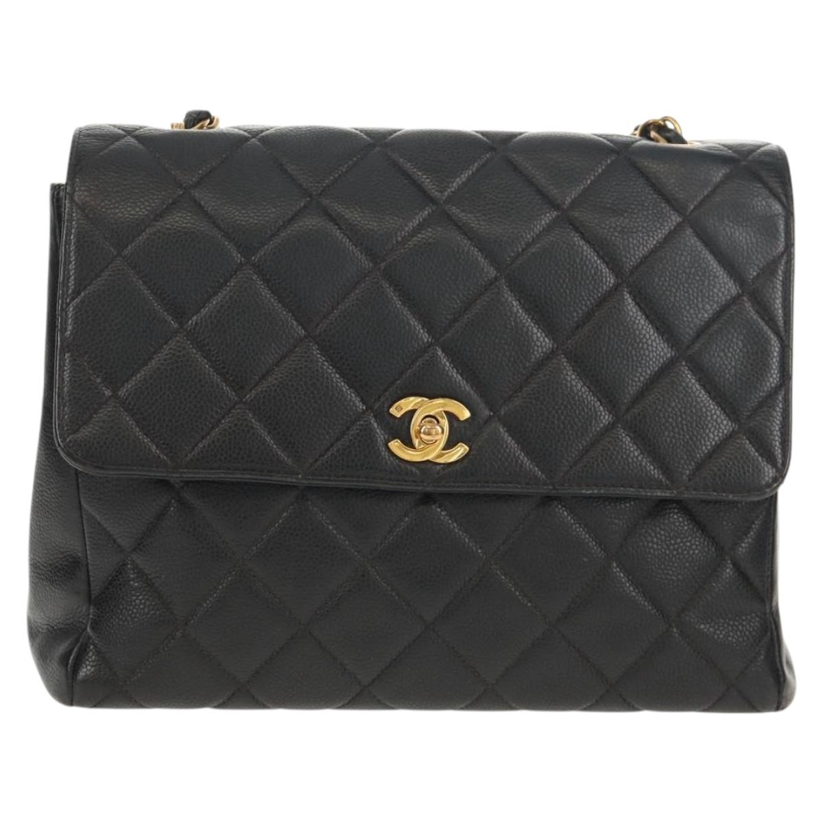 CHANEL Matelasse Chain Shoulder Bag Caviar Skin Black Gold CC Auth 145587AV