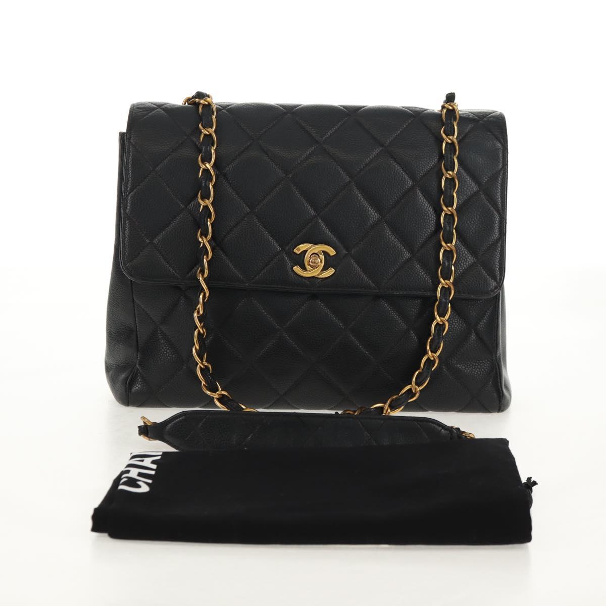 CHANEL Matelasse Chain Shoulder Bag Caviar Skin Black Gold CC Auth 145587AV