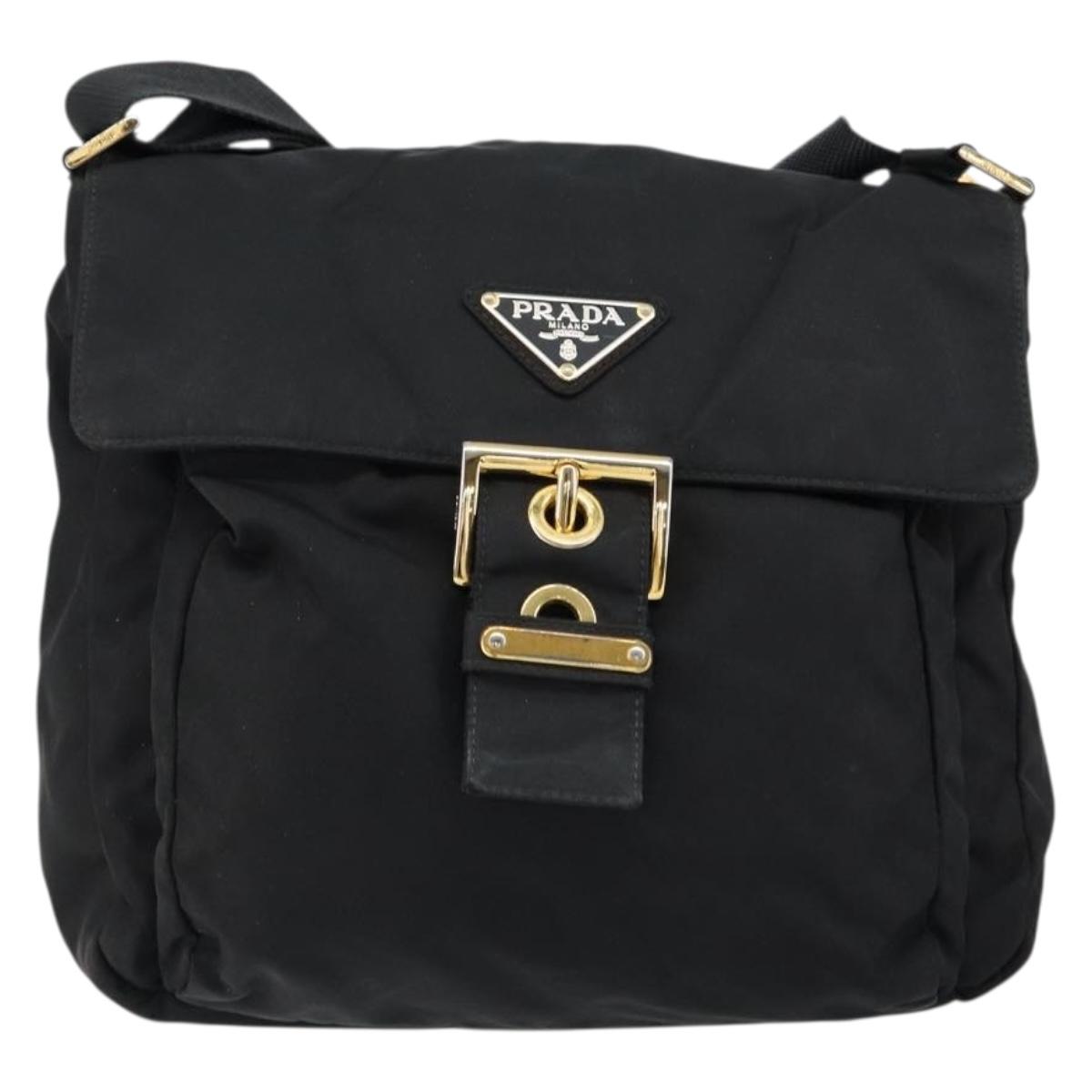PRADA Shoulder Bag Nylon Black Gold Auth 145625