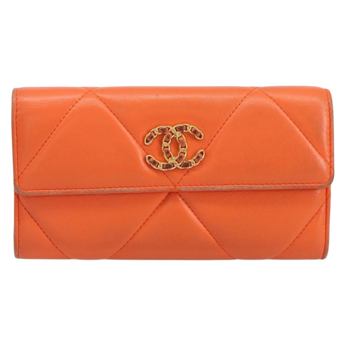 CHANEL Matelasse Long Wallet Lamb Skin Orange Gold CC Auth 145630
