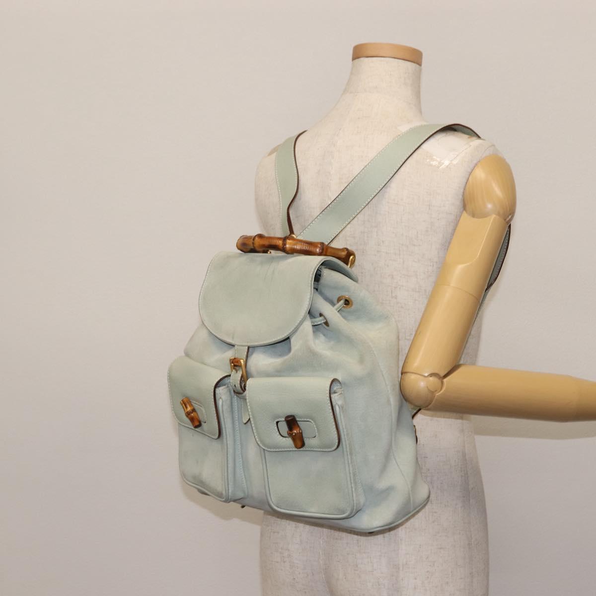 GUCCI Bamboo Backpack Suede Outlet Light Blue Gold 003 2058 9016 Auth 145652