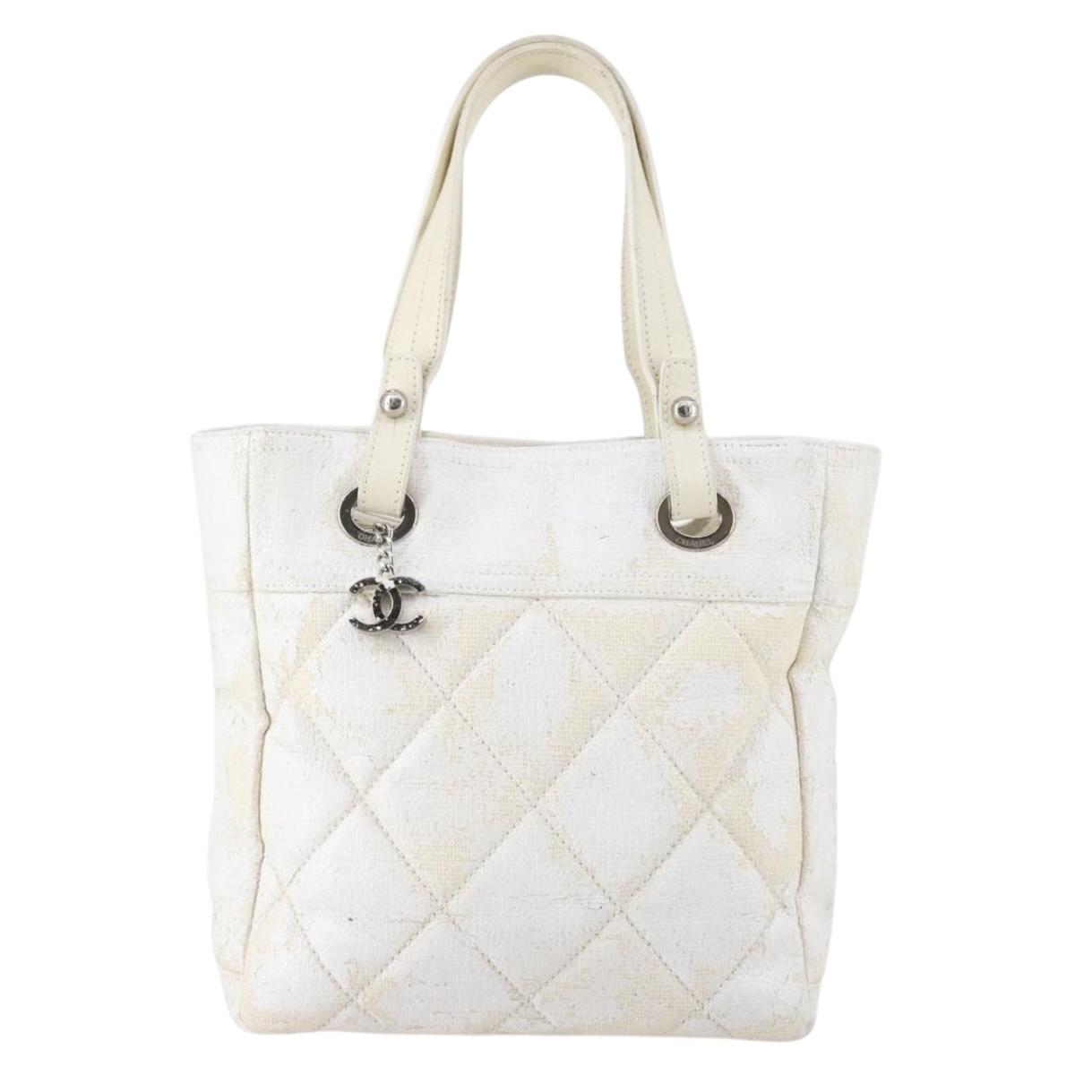 CHANEL Paris Biarritz MM Tote Bag Coated Canvas White Silver CC Auth 145693