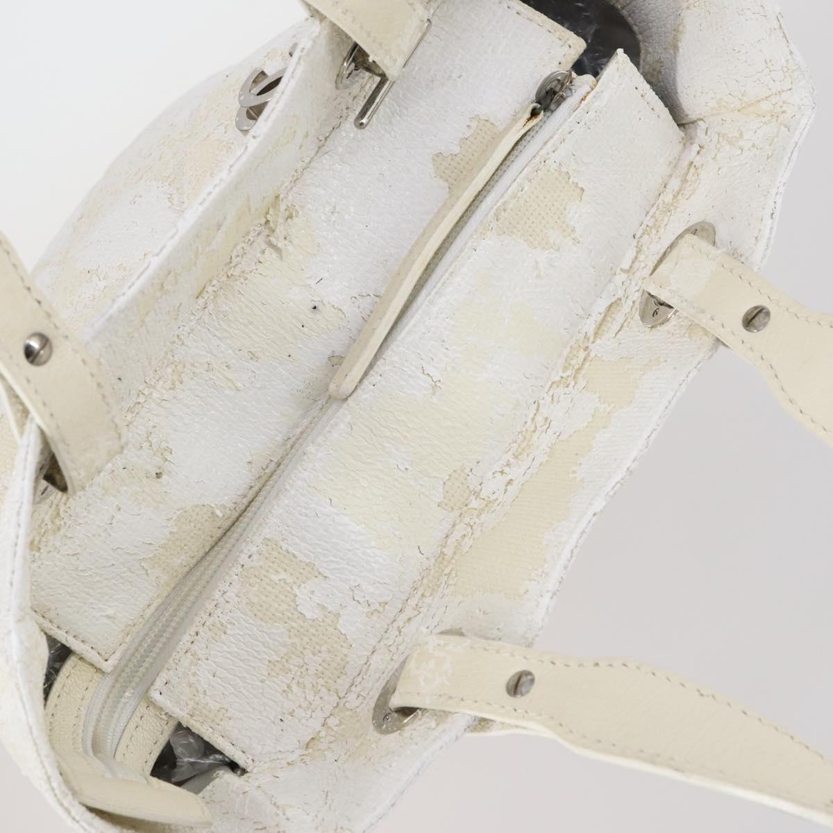 CHANEL Paris Biarritz MM Tote Bag Coated Canvas White Silver CC Auth 145693