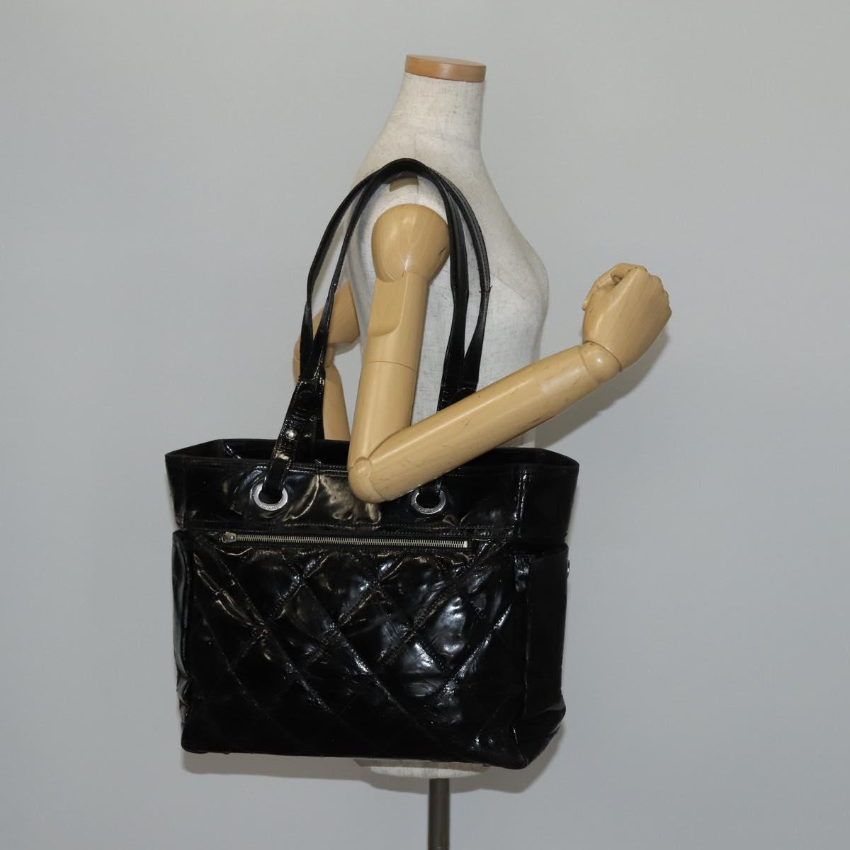 CHANEL Paris Biarritz GM Tote Bag Coated Canvas Black Silver CC Auth 145694