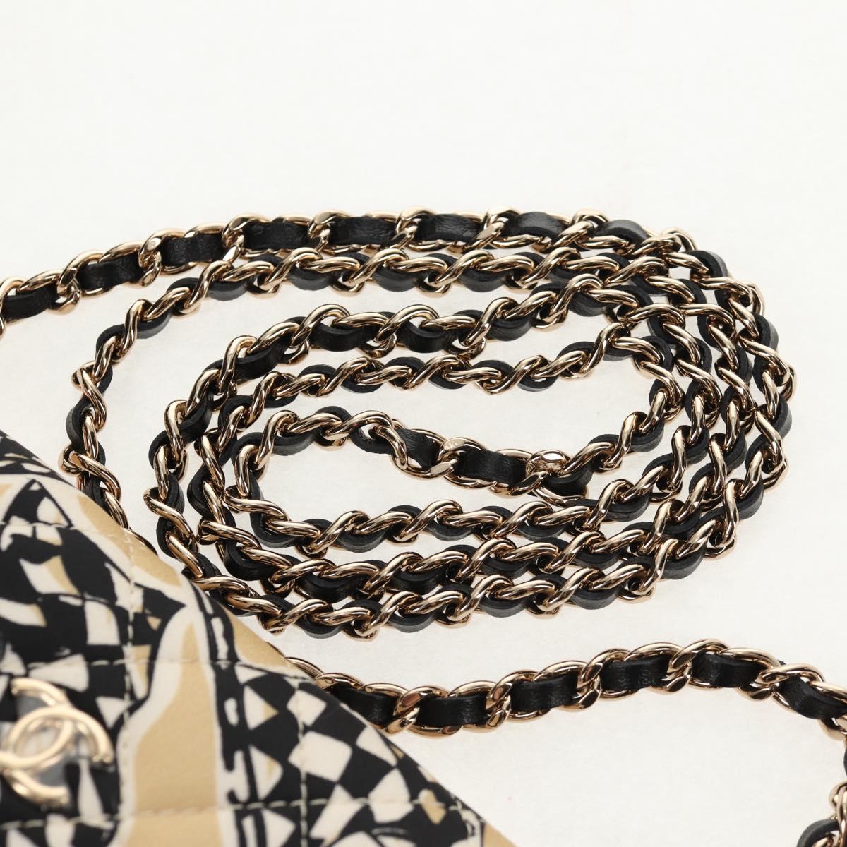 CHANEL Chain Checkered Flag Matelasse Bag Satin Beige Gold CC Auth 145708M
