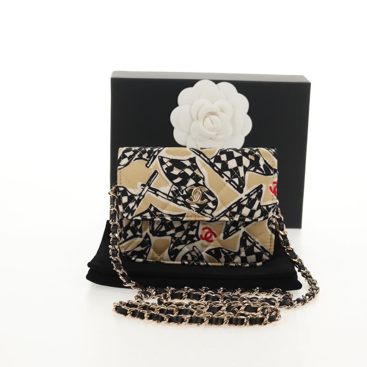CHANEL Chain Checkered Flag Matelasse Bag Satin Beige Gold CC Auth 145708M