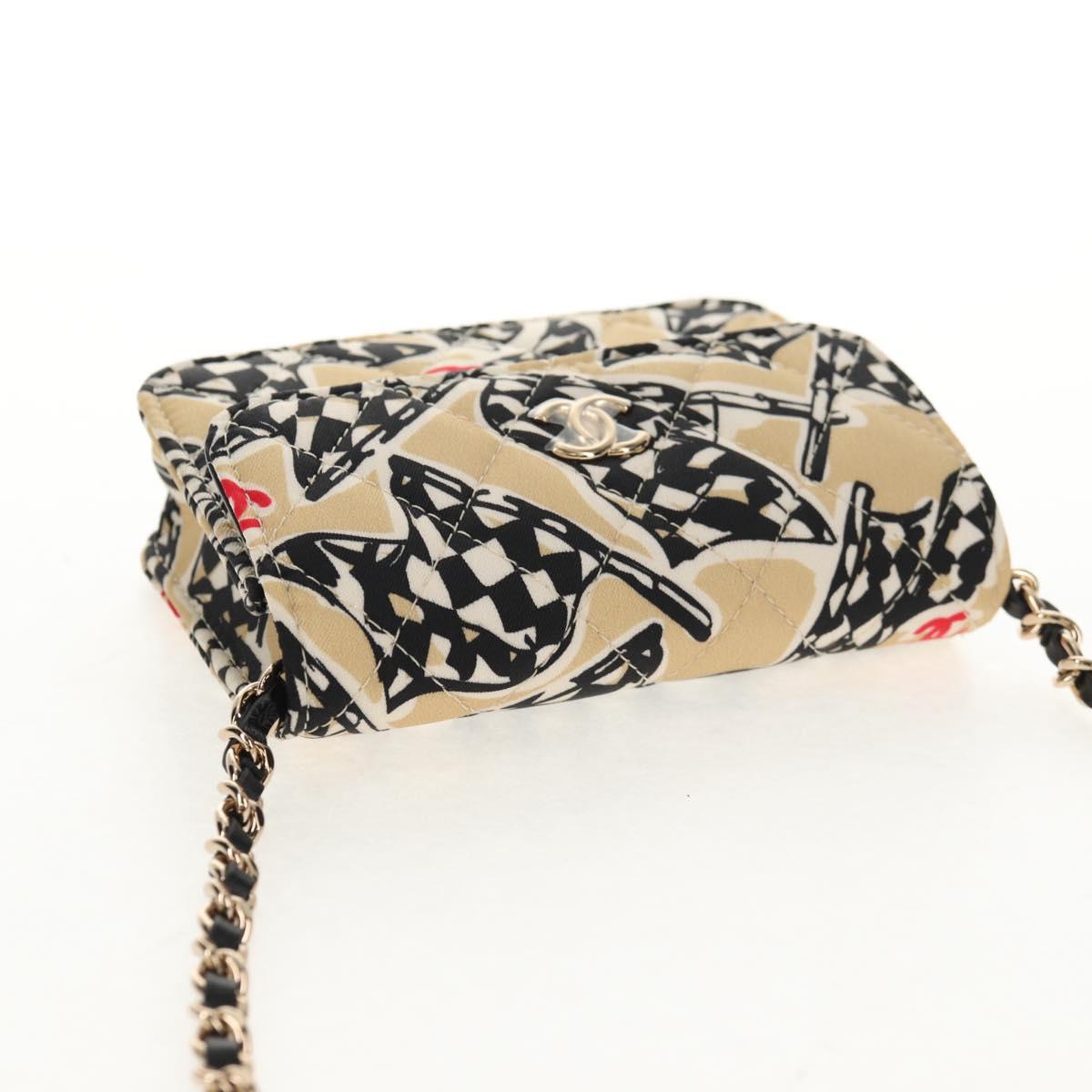 CHANEL Chain Checkered Flag Matelasse Bag Satin Beige Gold CC Auth 145708A