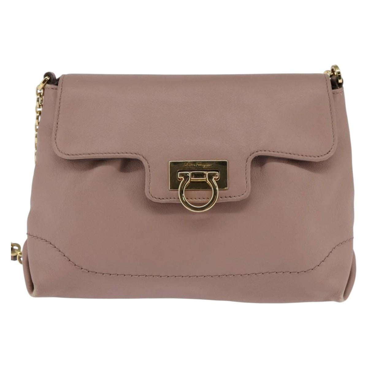 Salvatore Ferragamo Gancini Chain Shoulder Bag Leather Beige Gold Auth 145757