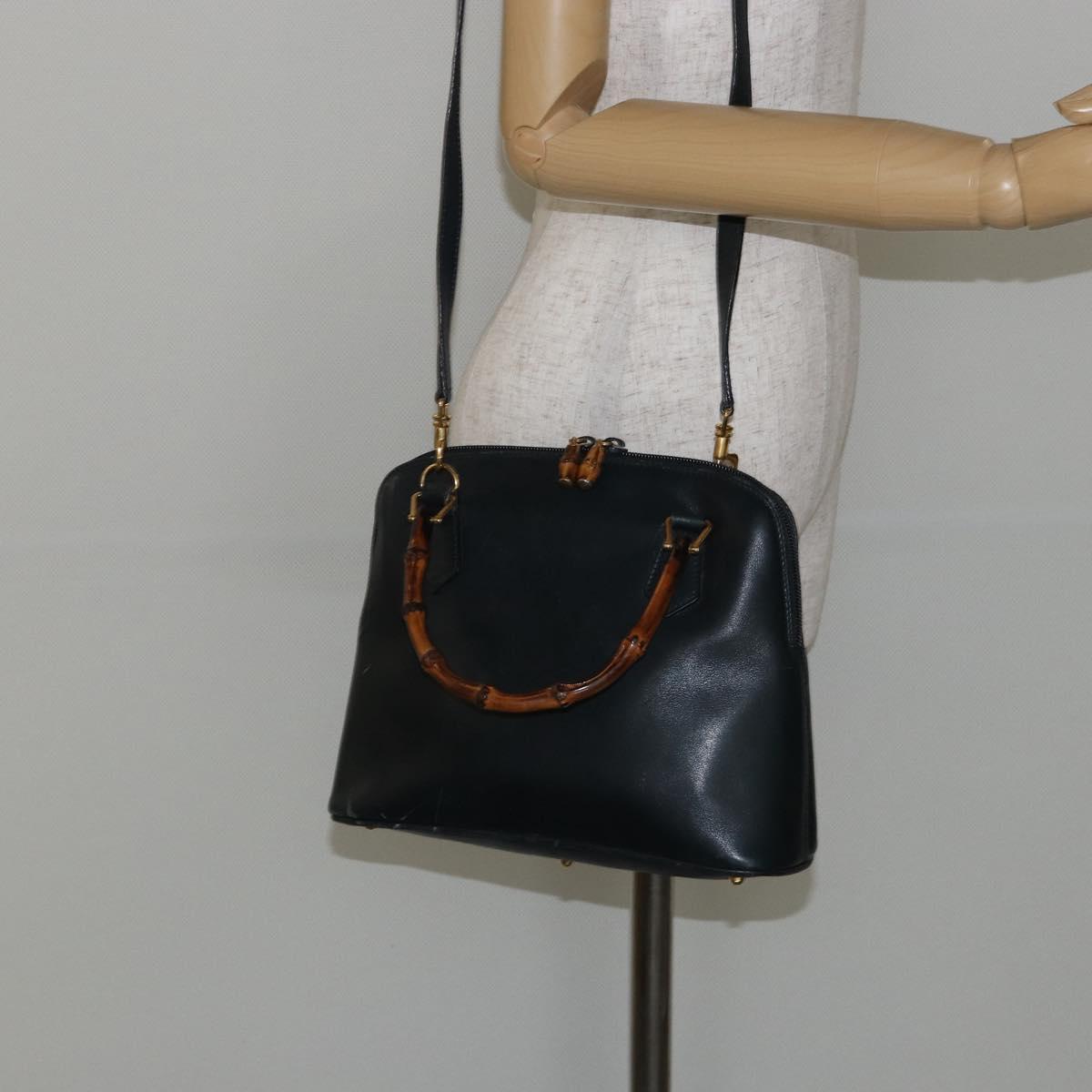 GUCCI Bamboo Hand Bag Leather 2way Navy Gold 000 2058 0290 0 Auth 145765
