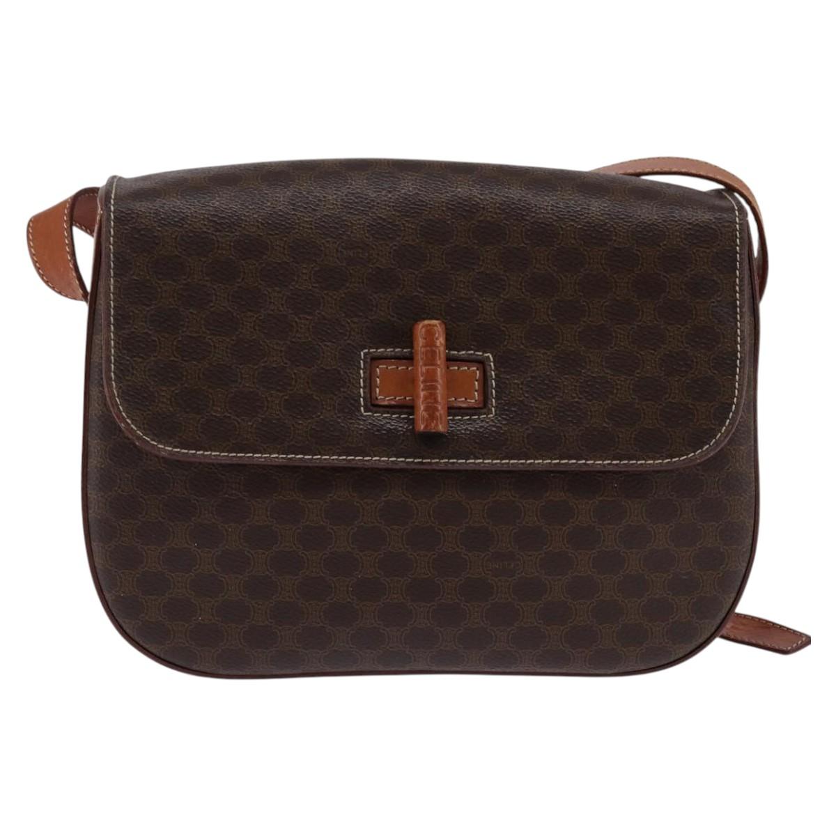 CELINE Macadam Canvas Shoulder Bag PVC Leather Brown Gold Auth 145772