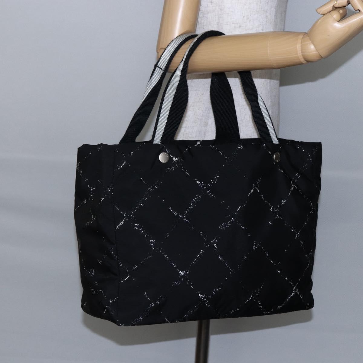 CHANEL Travel line Tote Bag Nylon Black White CC Auth 145777