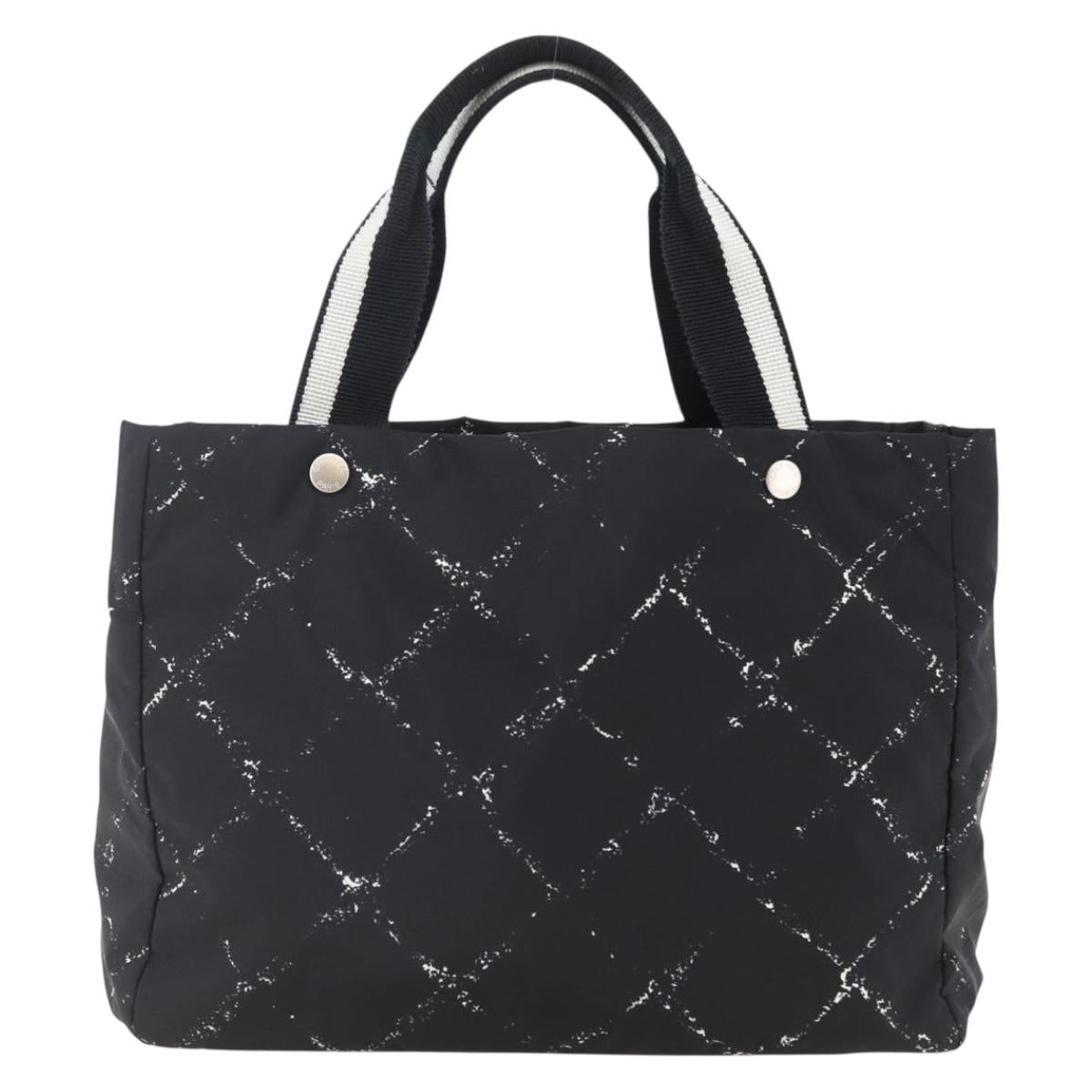 CHANEL Travel line Tote Bag Nylon Black White CC Auth 145777