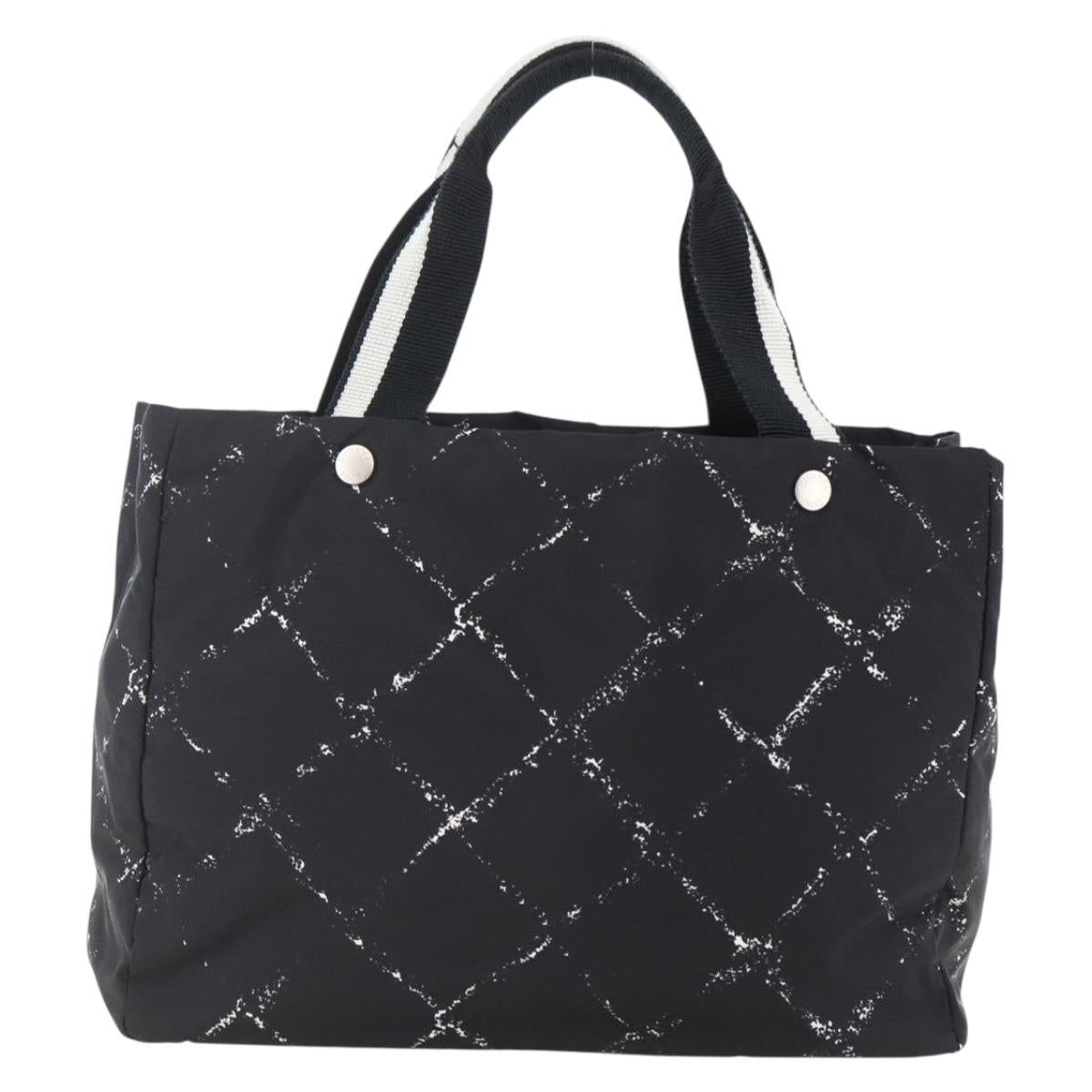 CHANEL Travel line Tote Bag Nylon Black White CC Auth 145777