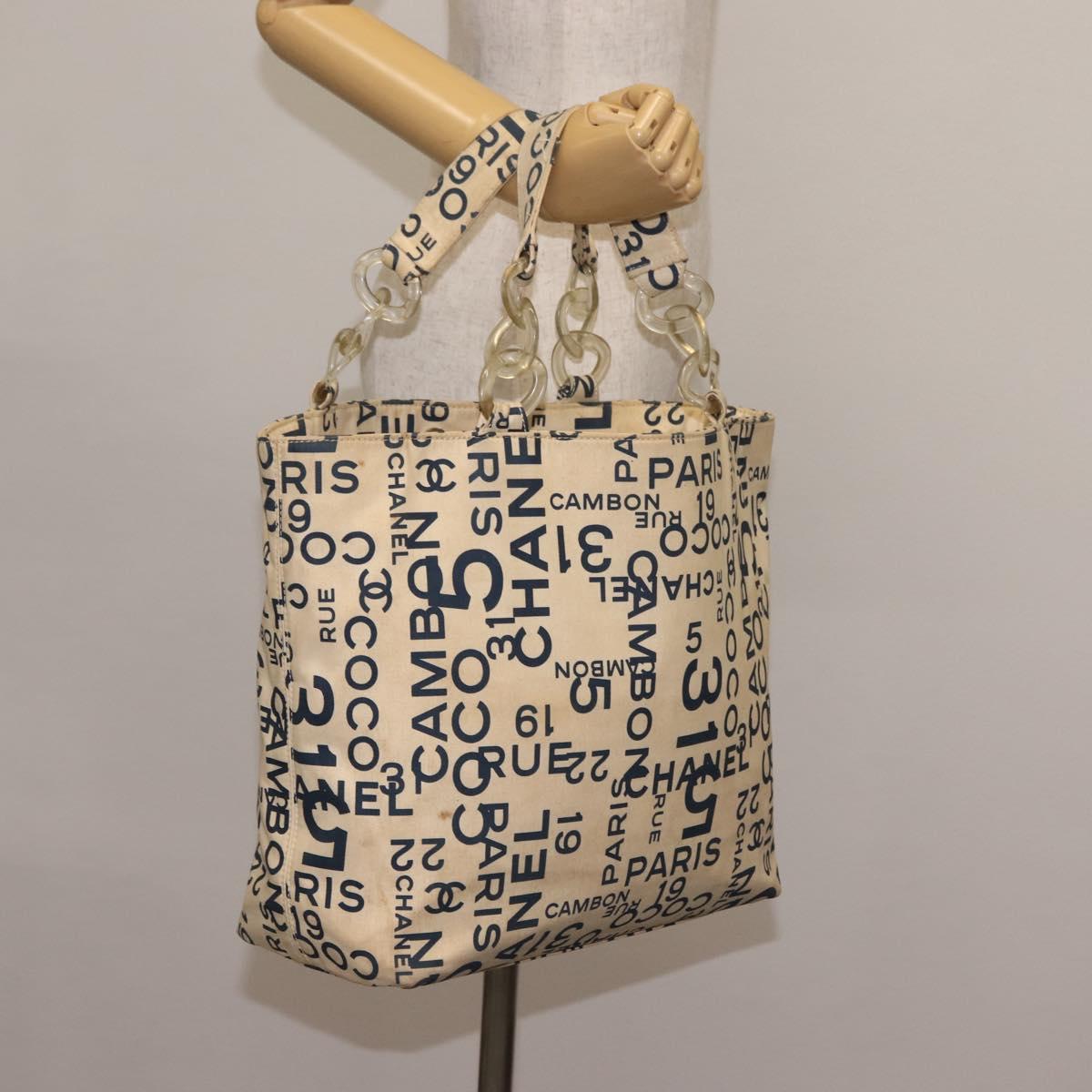 CHANEL Bysy line Tote Bag Canvas White CC Auth 145779