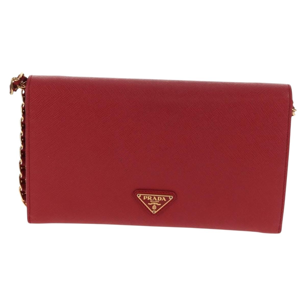 PRADA Chain Shoulder Wallet Safiano leather Red Gold BT770C Auth 145801V