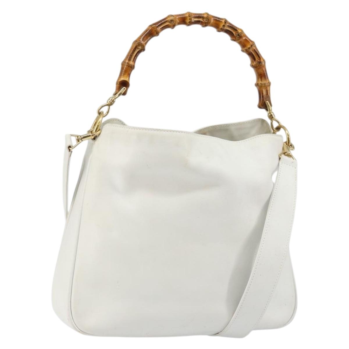 GUCCI Bamboo Hand Bag Leather 2way White Gold 001 3754 1638 Auth 145811