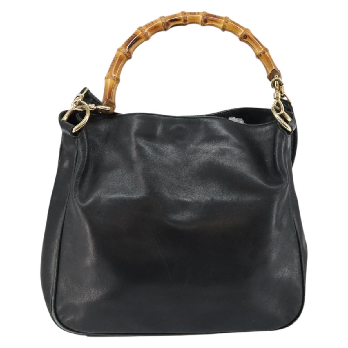 GUCCI Bamboo Hand Bag Leather 2way Black Gold 001 2123 1638 Auth 145812