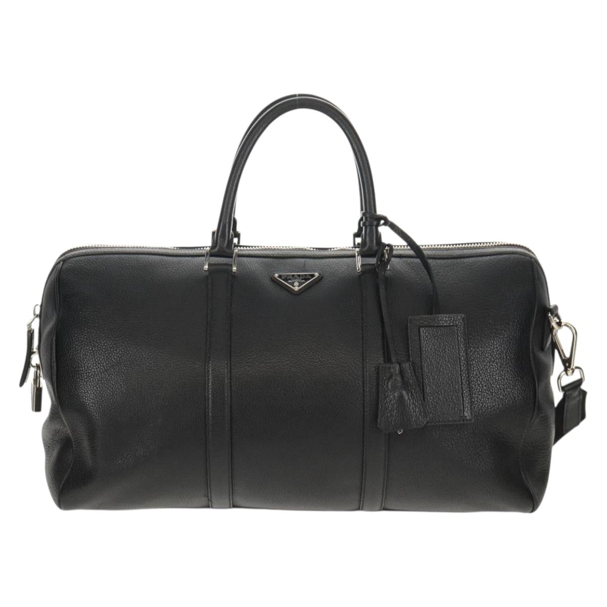PRADA Boston Bag Leather 2way Black Silver Auth 145841SM