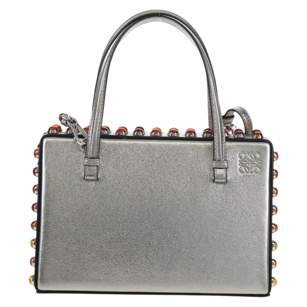 LOEWE Anagram Hand Bag Leather 2way Silver Auth 145842SM