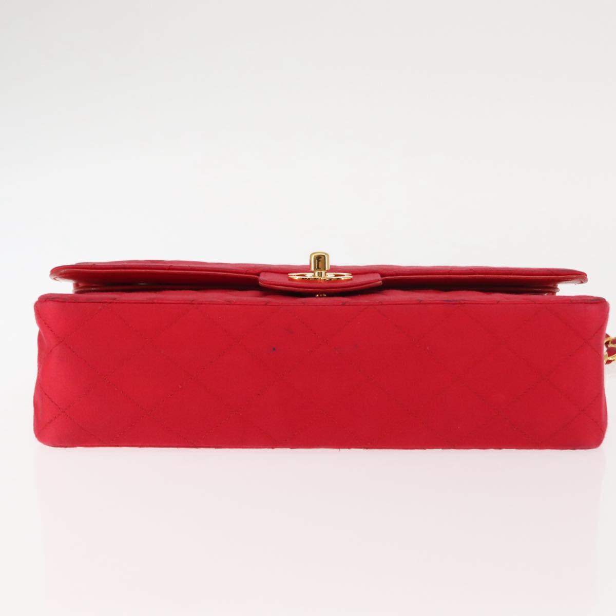CHANEL Matelasse 25 Double Flap Chain Shoulder Bag Satin Red Gold CC Auth 145843