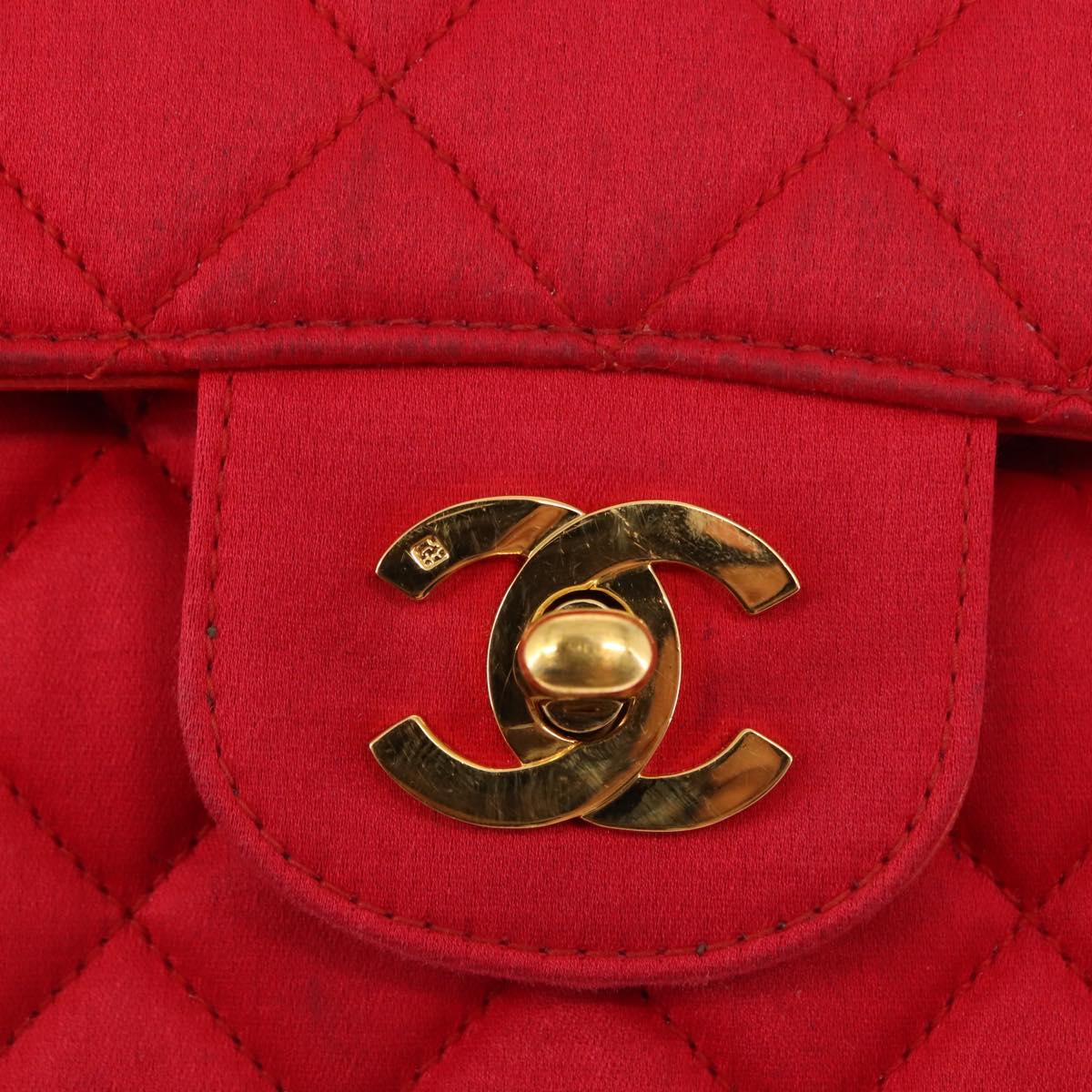 CHANEL Matelasse 25 Double Flap Chain Shoulder Bag Satin Red Gold CC Auth 145843