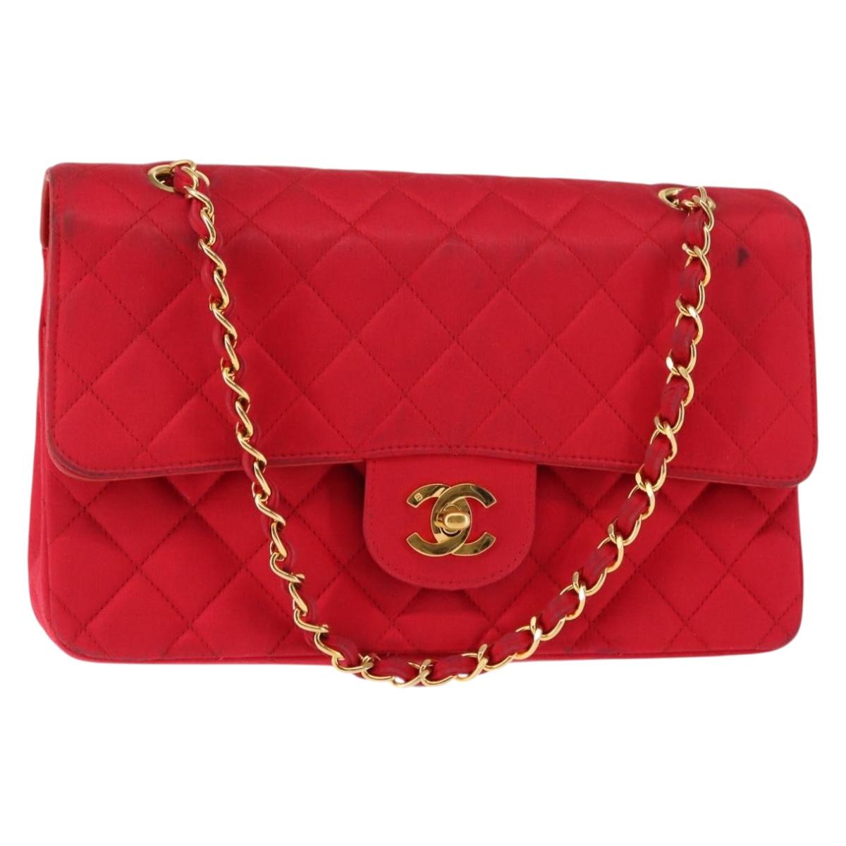 CHANEL Matelasse 25 Double Flap Chain Shoulder Bag Satin Red Gold CC Auth 145843