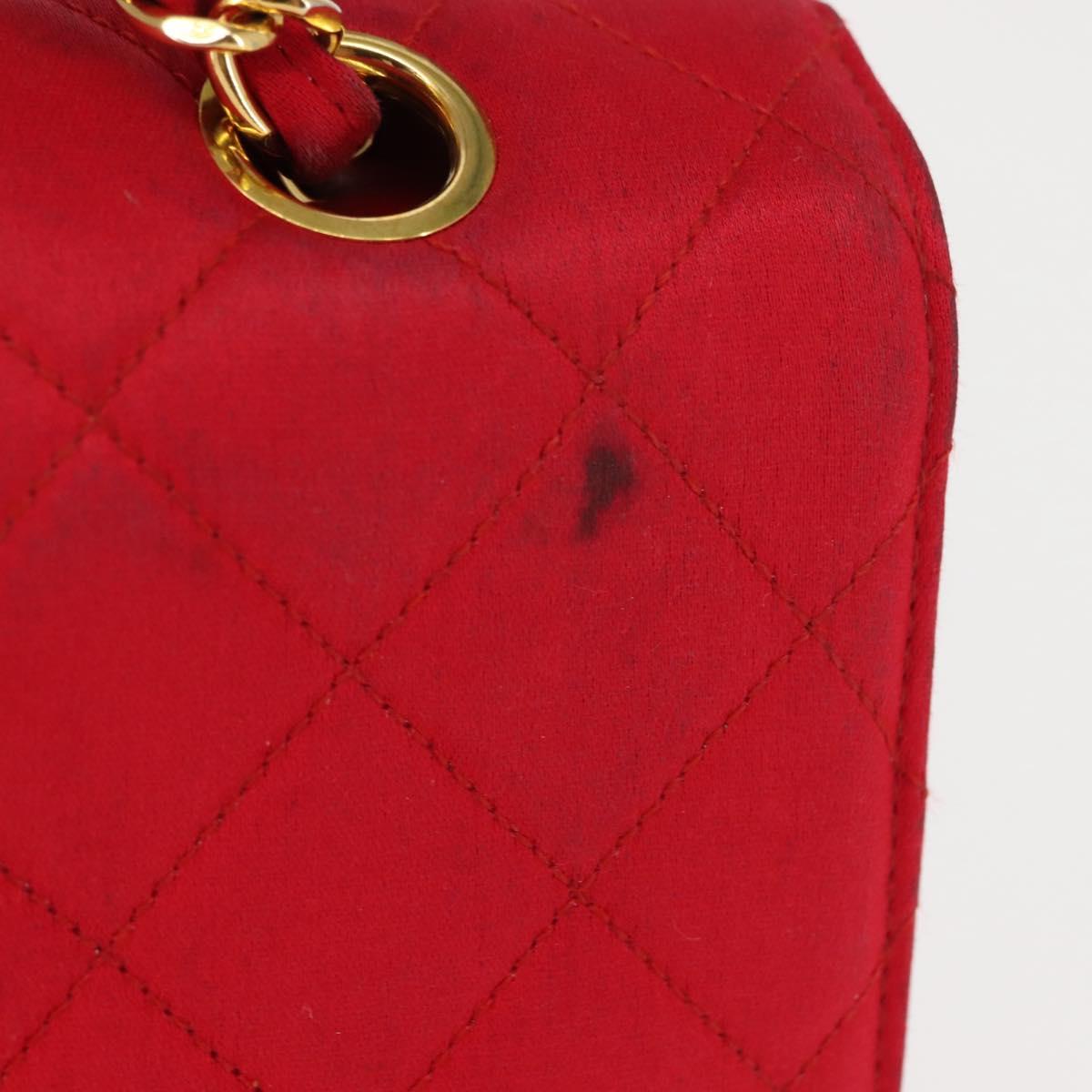 CHANEL Matelasse 25 Double Flap Chain Shoulder Bag Satin Red Gold CC Auth 145843