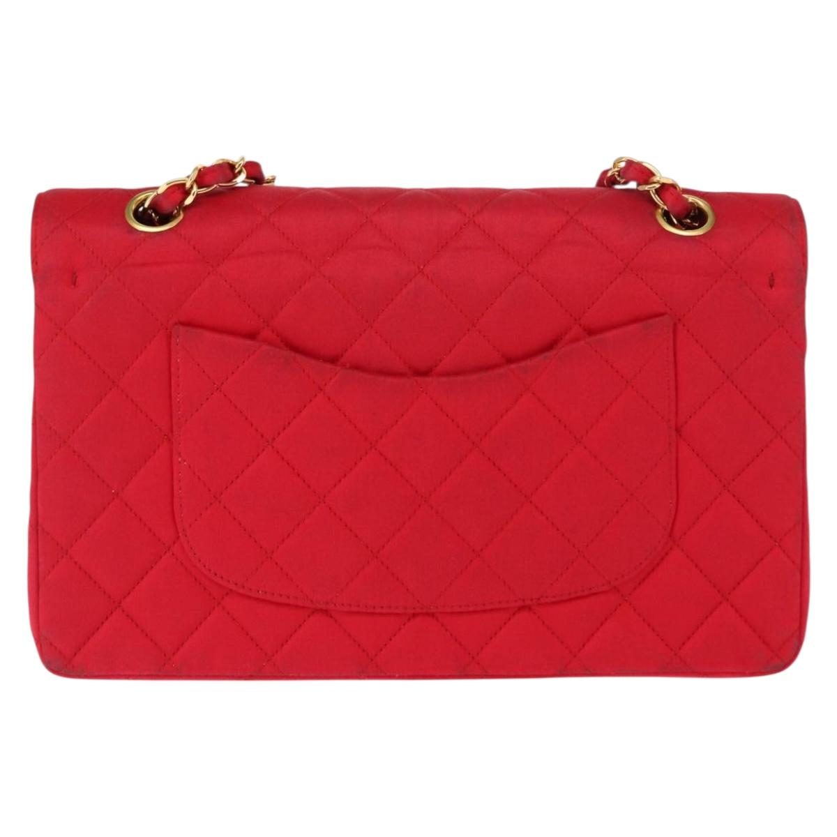 CHANEL Matelasse 25 Double Flap Chain Shoulder Bag Satin Red Gold CC Auth 145843