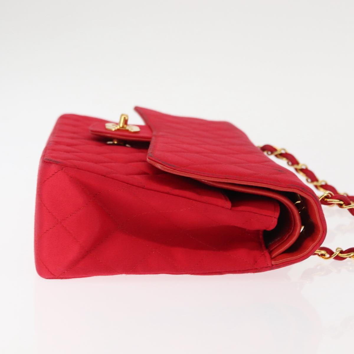 CHANEL Matelasse 25 Double Flap Chain Shoulder Bag Satin Red Gold CC Auth 145843