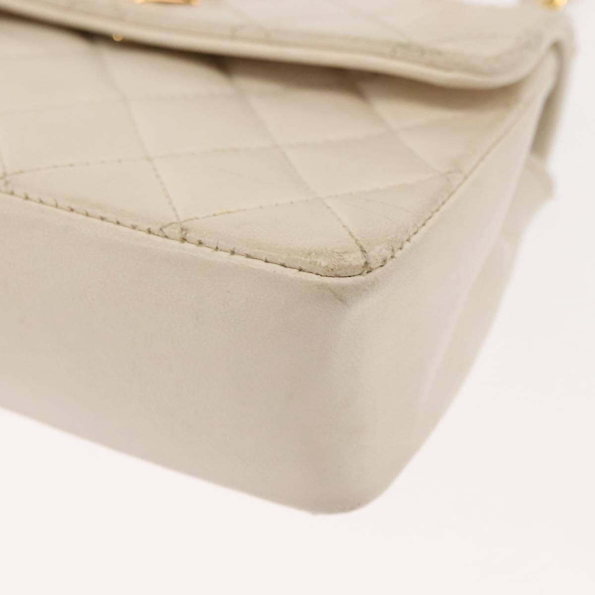 CHANEL Chain Mini Shoulder Bag Lamb Skin White Gold CC Auth 145844