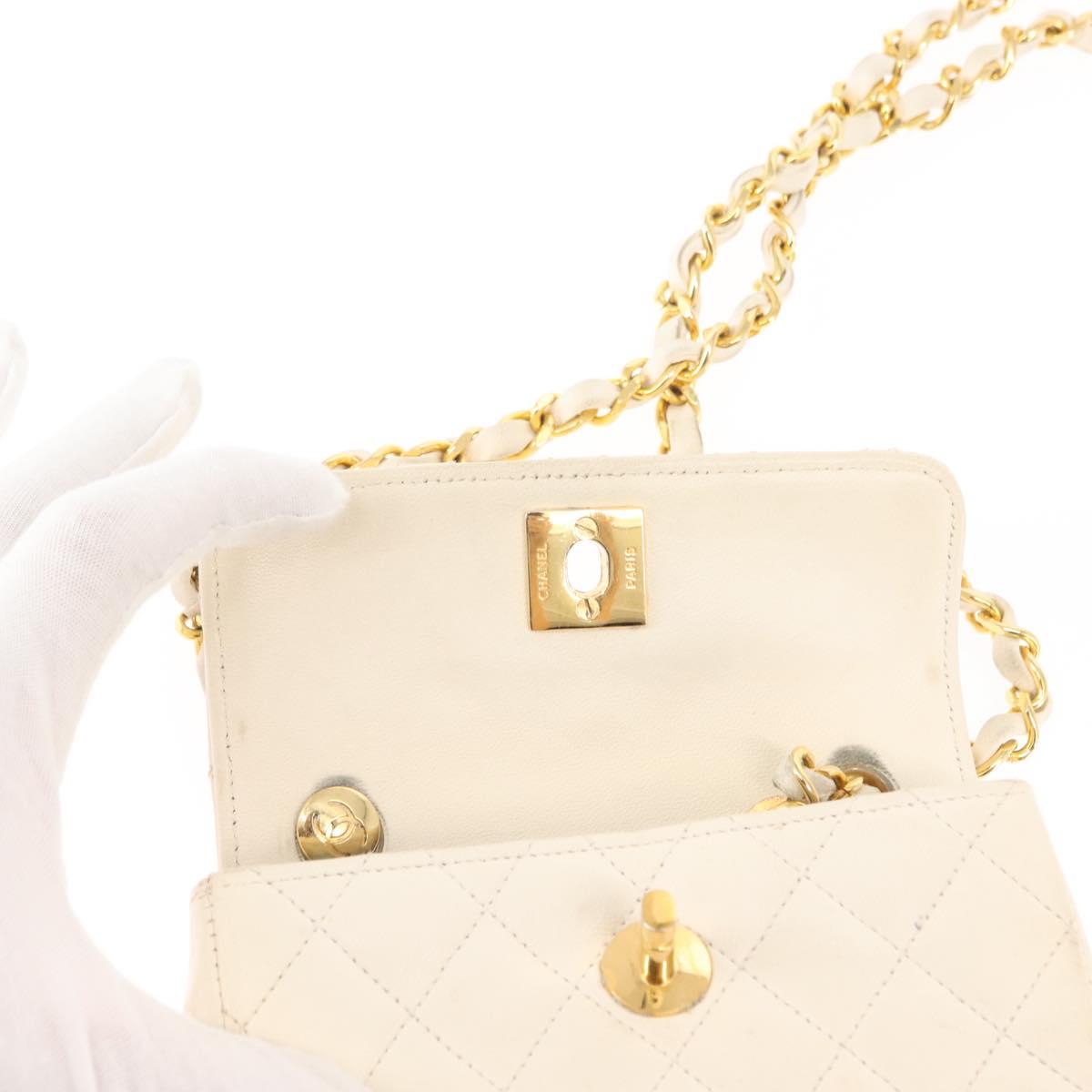 CHANEL Chain Mini Shoulder Bag Lamb Skin White Gold CC Auth 145844