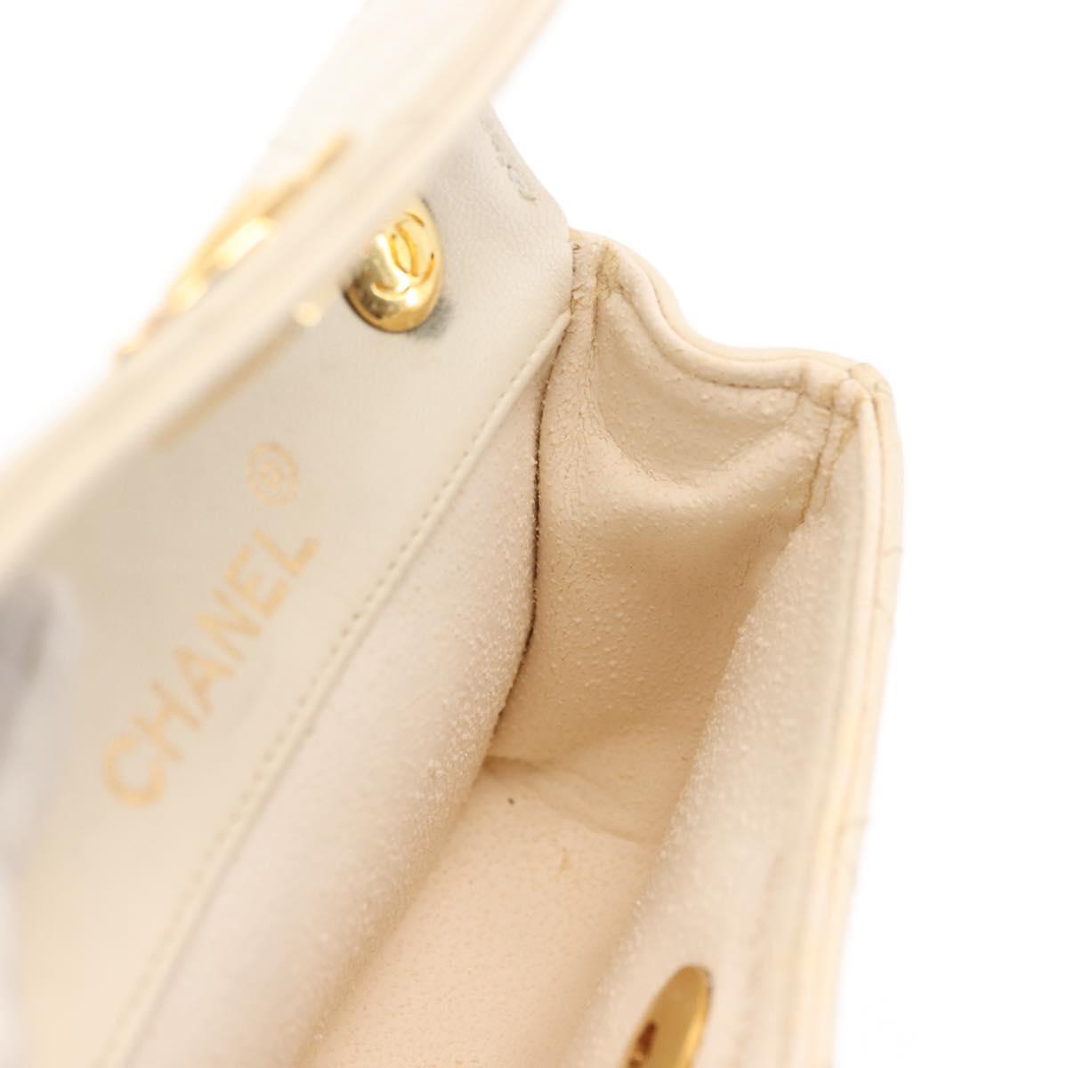 CHANEL Chain Mini Shoulder Bag Lamb Skin White Gold CC Auth 145844