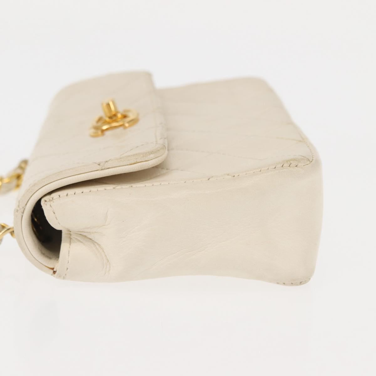 CHANEL Chain Mini Shoulder Bag Lamb Skin White Gold CC Auth 145844