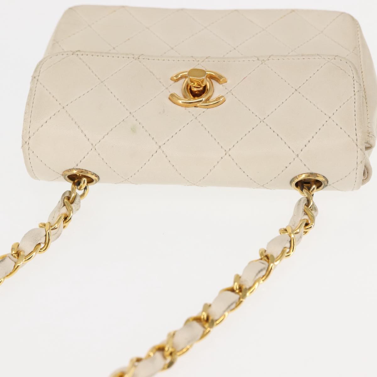 CHANEL Chain Mini Shoulder Bag Lamb Skin White Gold CC Auth 145844
