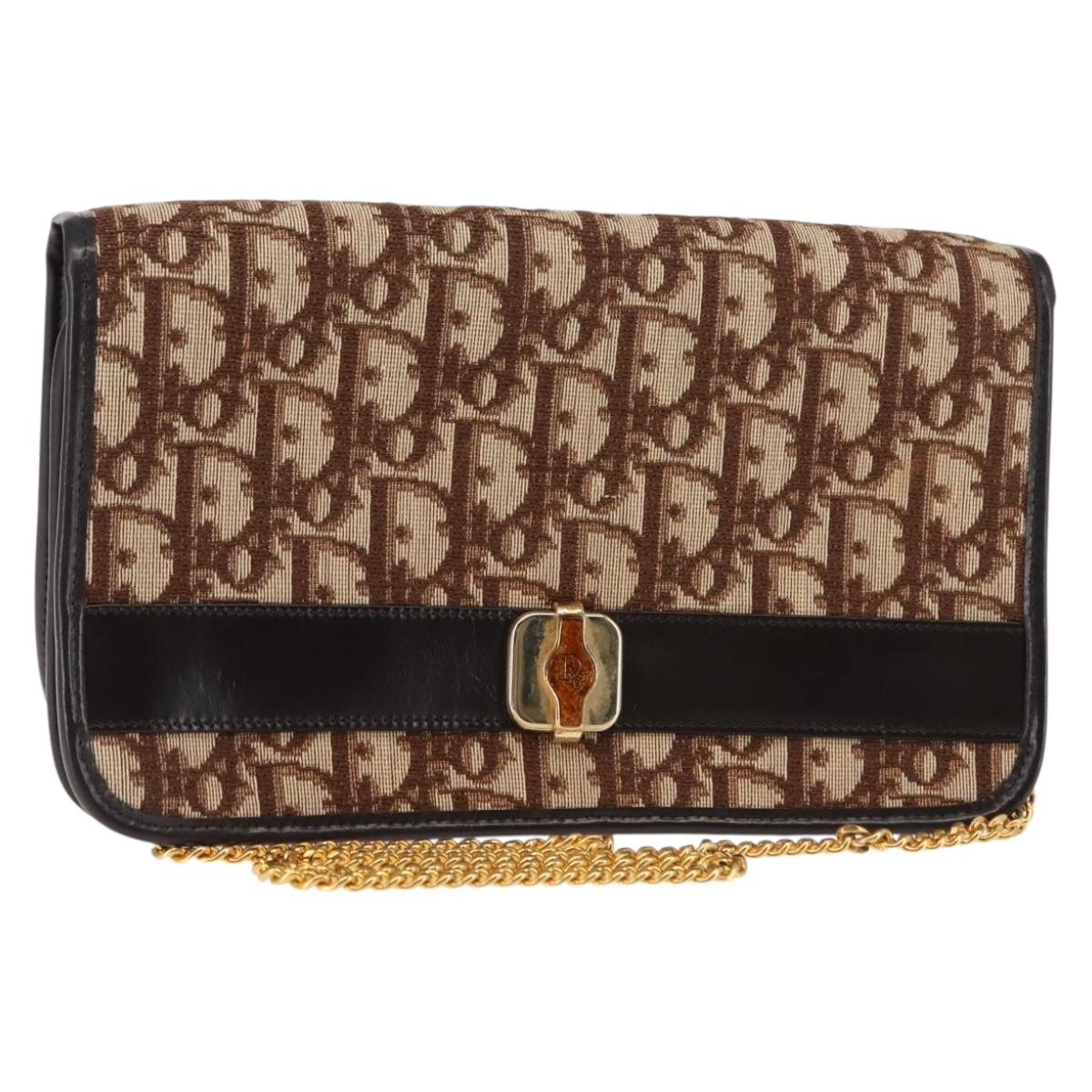 Christian Dior Trotter Canvas Chain Shoulder Bag Brown Gold Auth 145878
