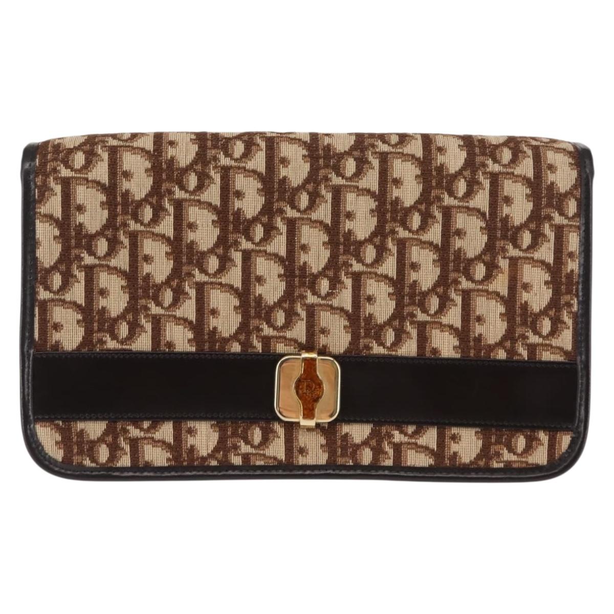 Christian Dior Trotter Canvas Chain Shoulder Bag Brown Gold Auth 145878