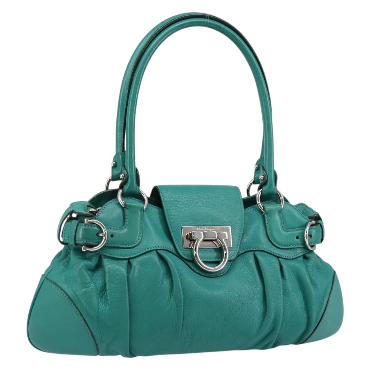 Salvatore Ferragamo Gancini Shoulder Bag Leather Green Silver Auth 145879