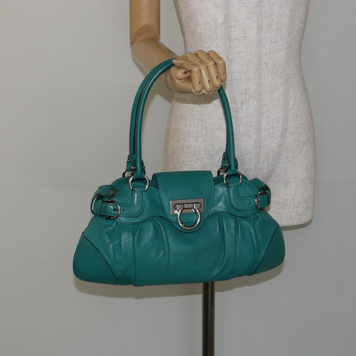 Salvatore Ferragamo Gancini Shoulder Bag Leather Green Silver Auth 145879