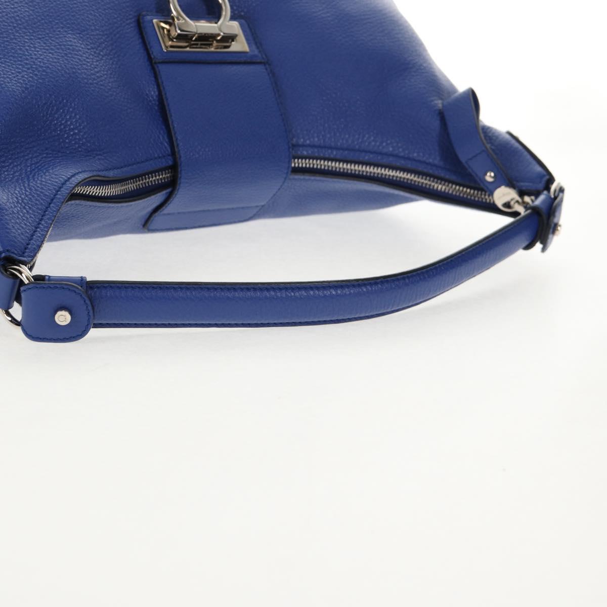 Salvatore Ferragamo Gancini Shoulder Bag Leather Blue Silver Auth 145880V
