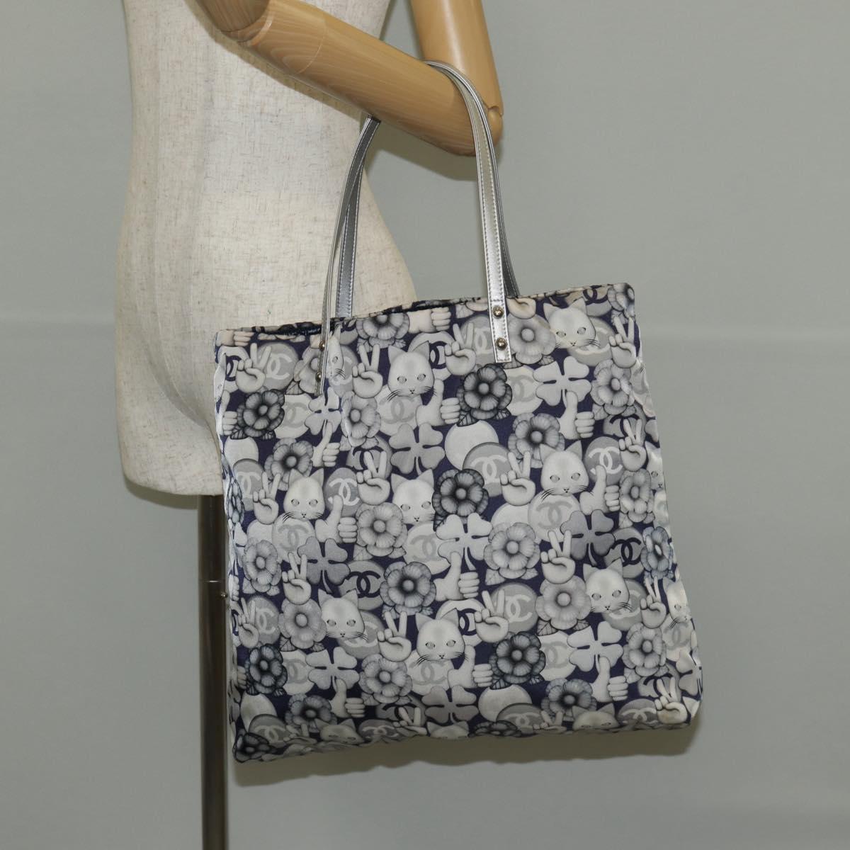 CHANEL COCO Mark Tote Bag Nylon Navy Gray CC Auth 145888A
