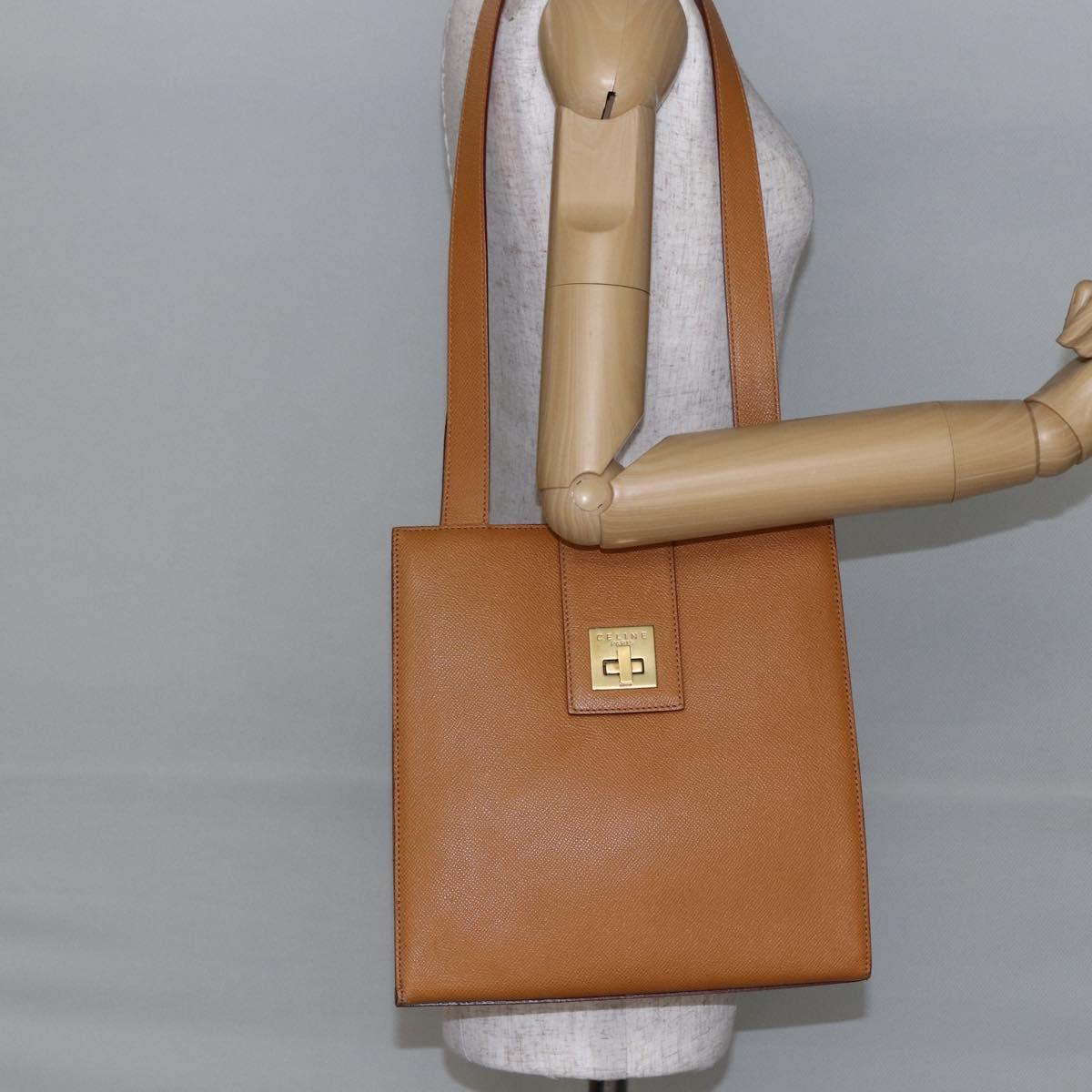 CELINE Shoulder Bag Leather Beige Gold Auth 145908