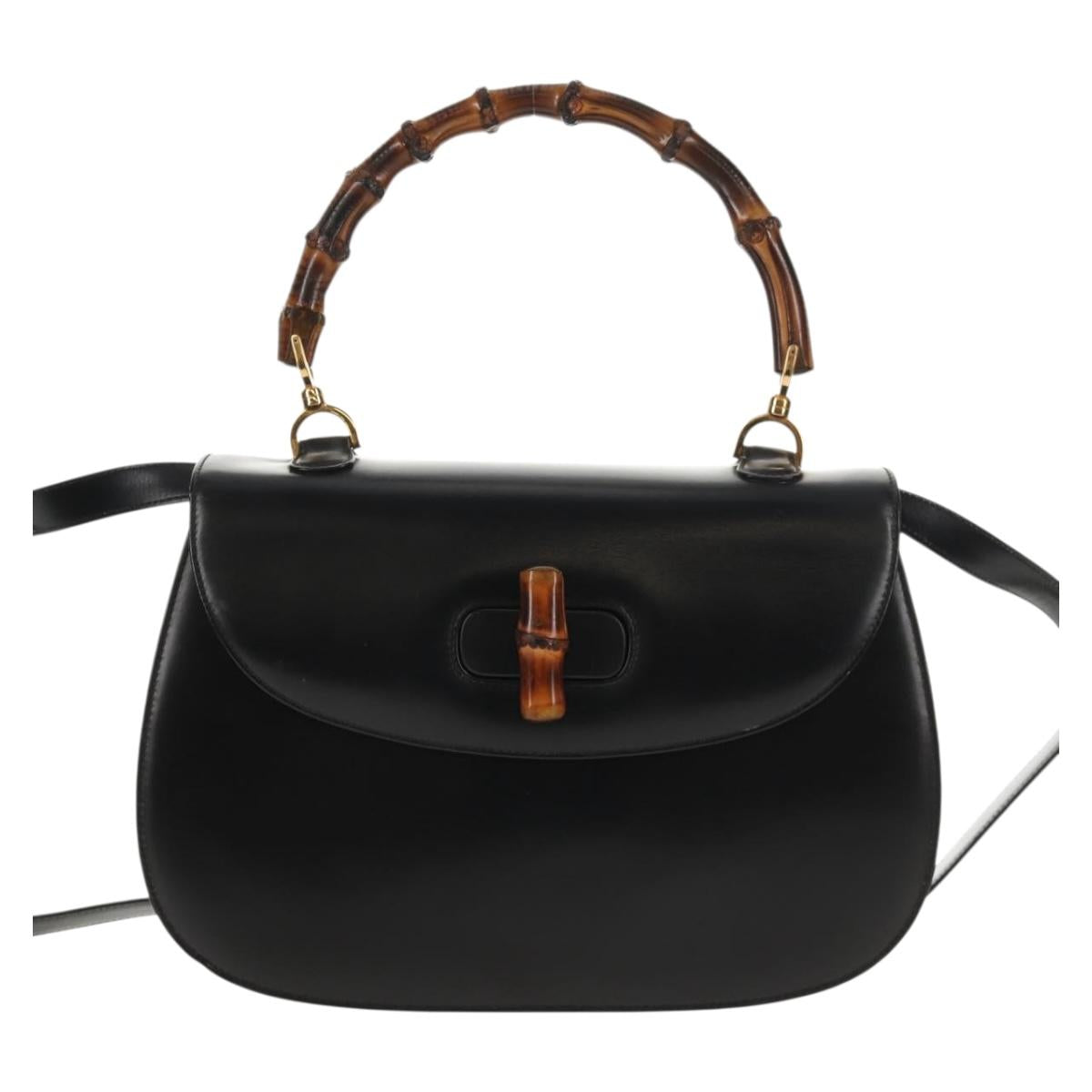 GUCCI Bamboo Hand Bag Leather 2way Black Gold 000 46 0063 Auth 145923V