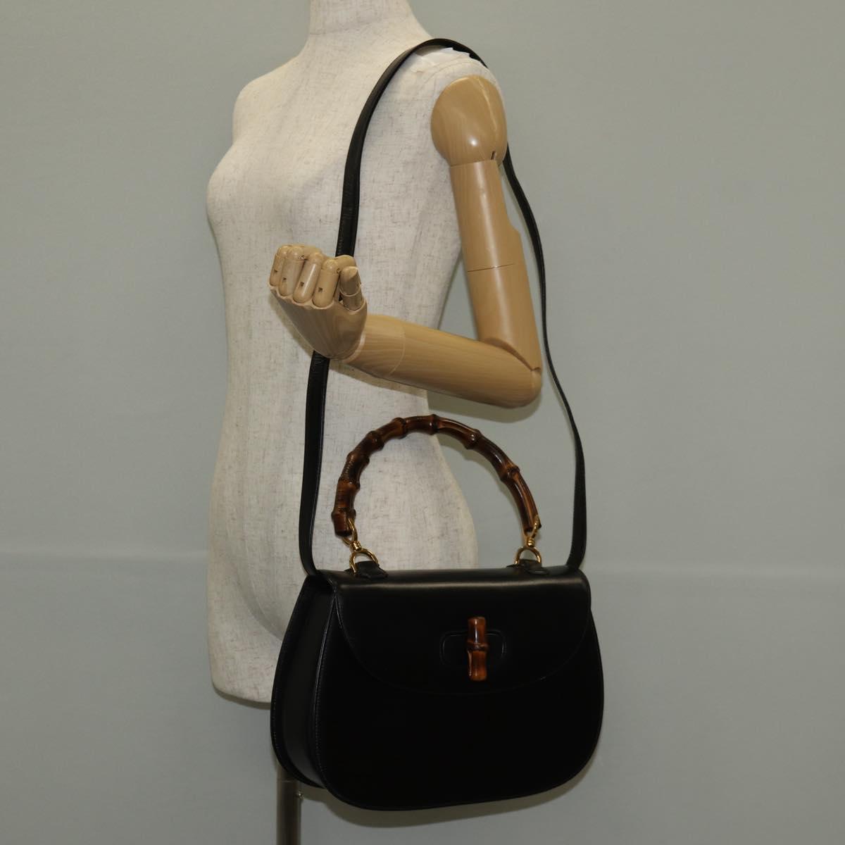 GUCCI Bamboo Hand Bag Leather 2way Black Gold 000 46 0063 Auth 145923V