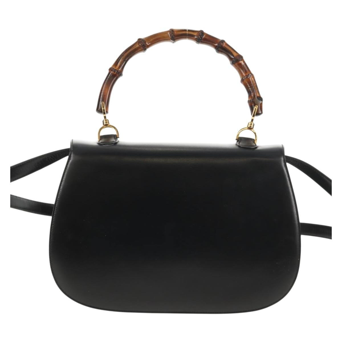 GUCCI Bamboo Hand Bag Leather 2way Black Gold 000 46 0063 Auth 145923A