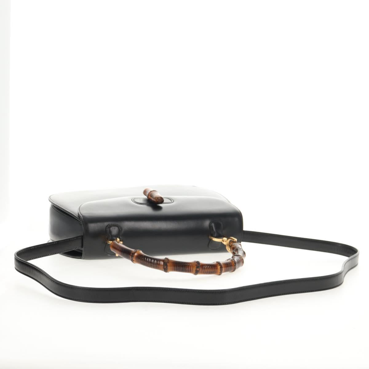 GUCCI Bamboo Hand Bag Leather 2way Black Gold 000 46 0063 Auth 145923V