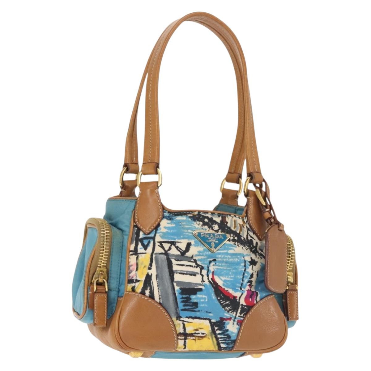 PRADA Venice Hand Bag Nylon Light Blue Gold Auth 145925A
