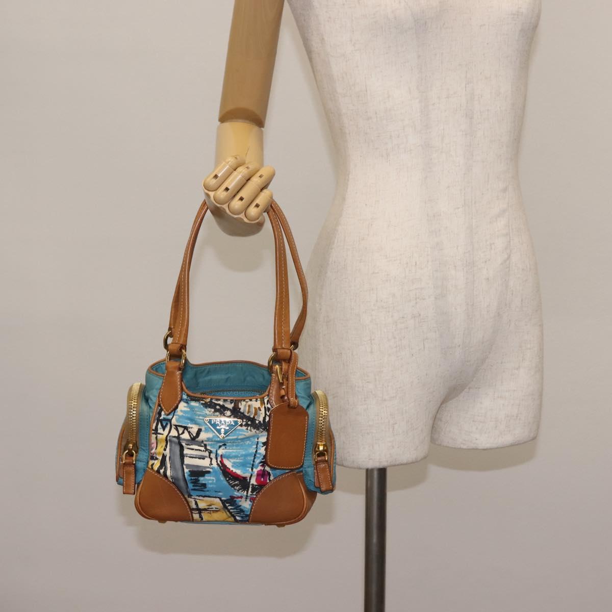 PRADA Venice Hand Bag Nylon Light Blue Gold Auth 145925