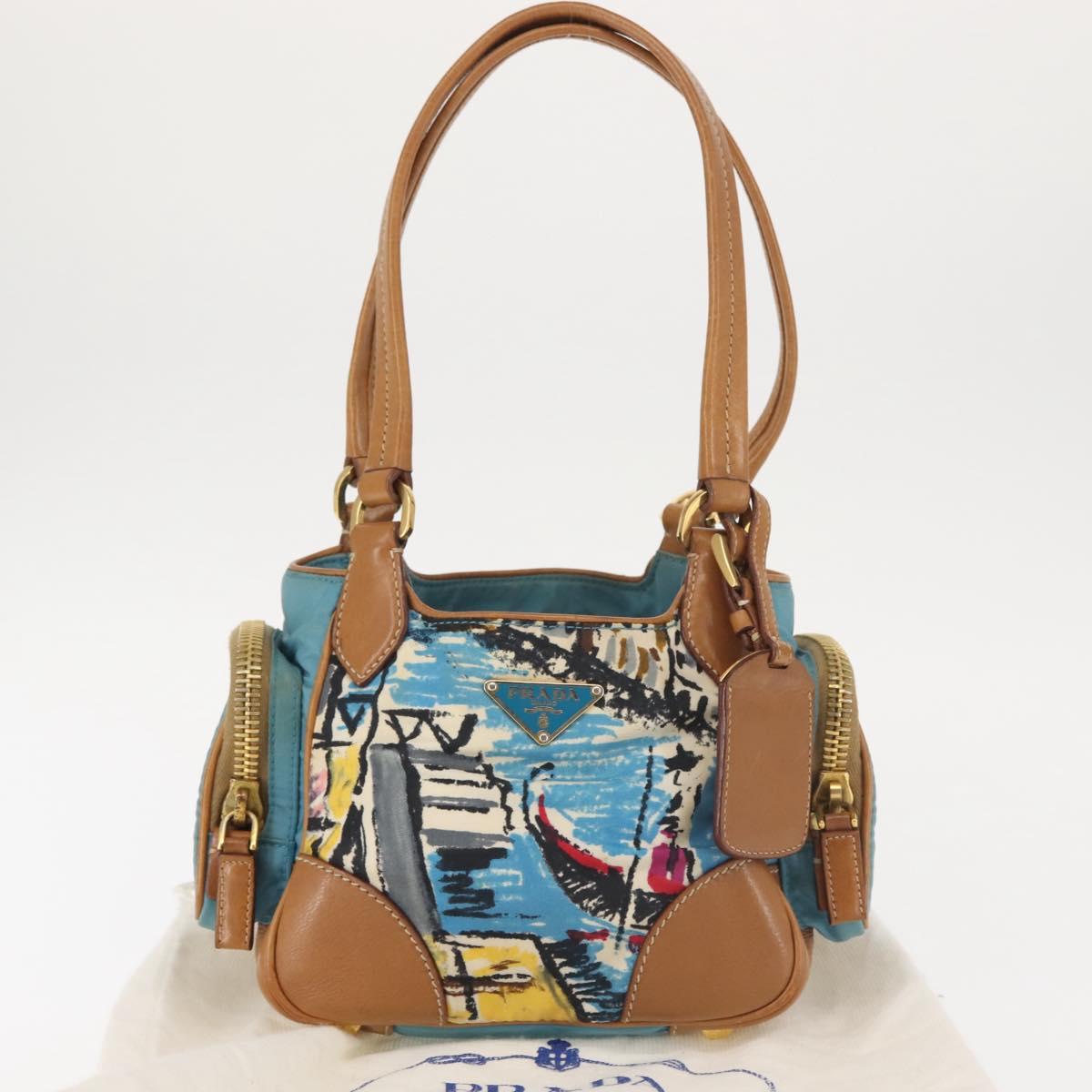 PRADA Venice Hand Bag Nylon Light Blue Gold Auth 145925